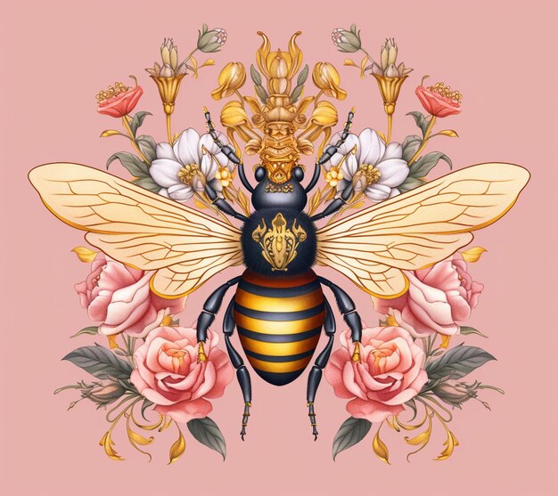 Photo a close up of a bee with flowers and a crown on its back generative ai