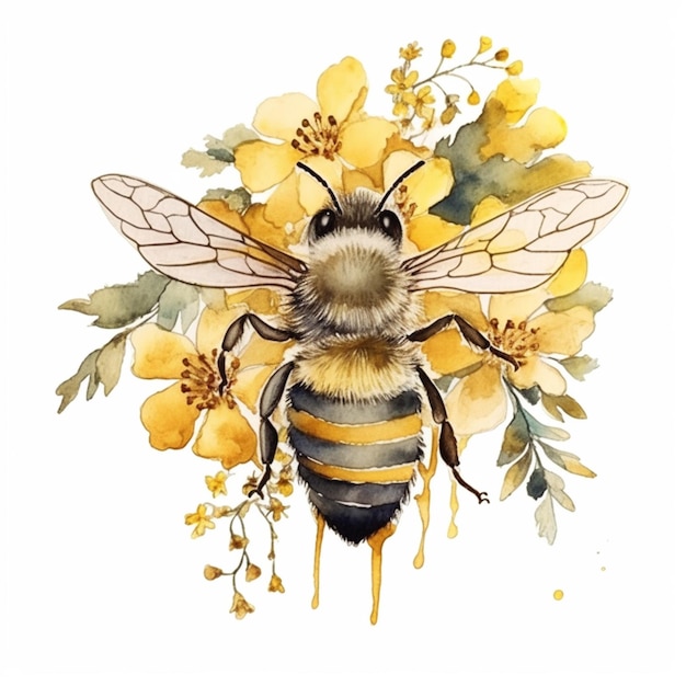 a close up of a bee with flowers and leaves on a white background generative ai