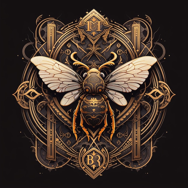 a close up of a bee with a gold and black design generative ai