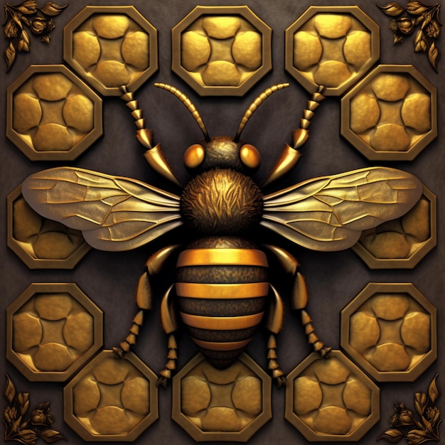 Photo a close up of a bee with a golden frame around it generative ai