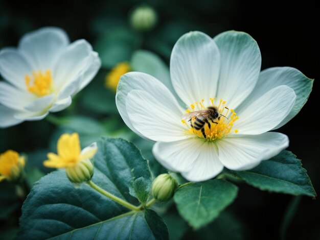 close up of a bee with a yellow flower on a green background AI Generative