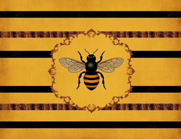 A close up of a bee on a yellow and black striped background generative ai