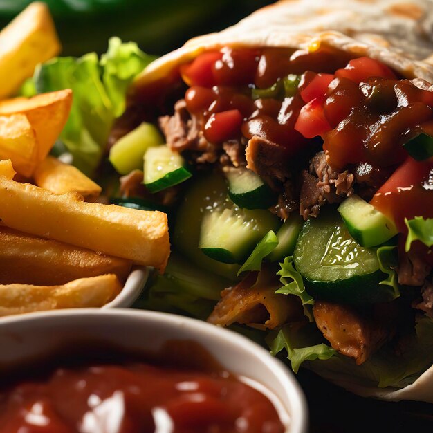 Close up of beef burrito with tomato cucumber lettuce jalapeno served with fries and sauces