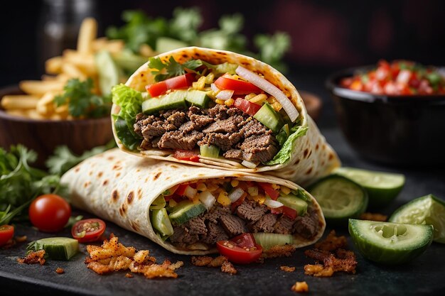 close up of beef burrito with tomato cucumber lettuce jalapeno served with fries and