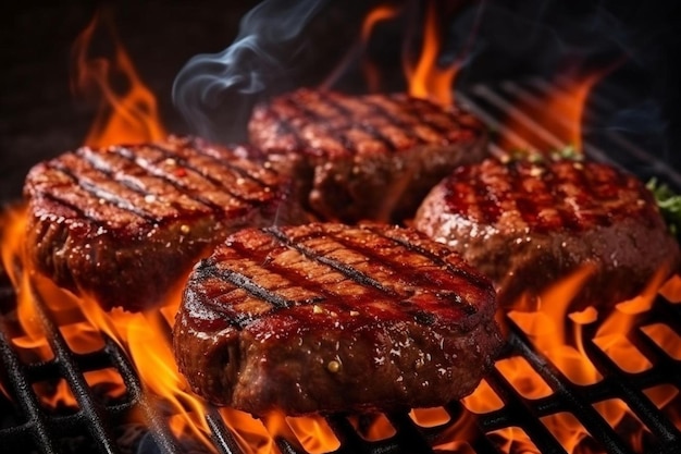 Close up beef or pork meat barbecue burgers for hamburger prepared grilled on bbq fire flame grill