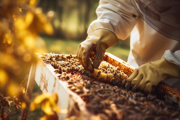 Close up on beekeeper collecting honey