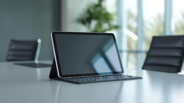 Close-up beeld mock-up digitale tablet met draadloos toetsenbord op witte tafel in vergaderzaal
