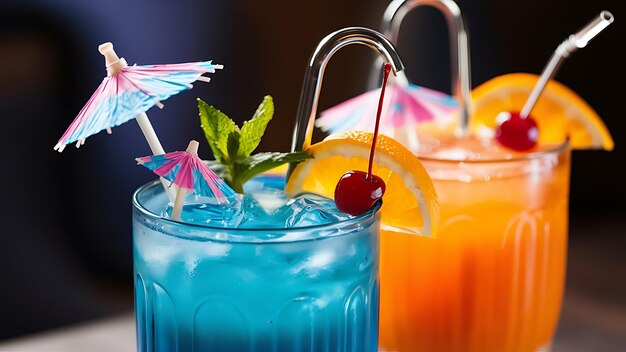 Foto close-up beeld van blauwe en oranje cocktails in glazen met rietjes