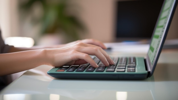 Close-up beeld van de handen van een zakenvrouw die werkt en typt op het toetsenbord van de laptop op tafel Gemaakt met generatieve AI-technologie
