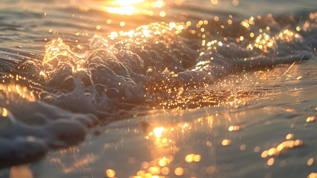 Close-up beeld van de ochtend zee golven met sun39s sprankelen bokeh zonsondergang straling op het zomerstrand