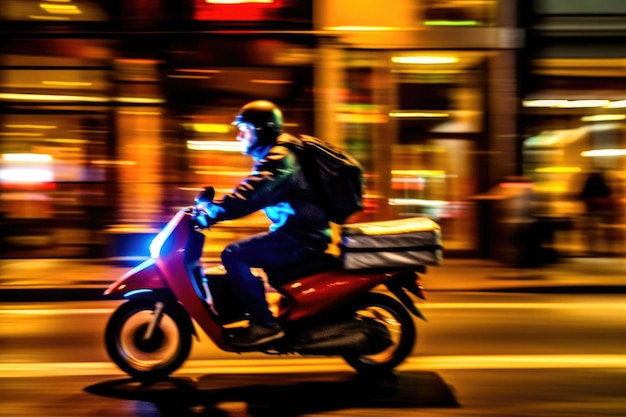 Close-up beeld van een bezorger die 's nachts op zijn scooter door de straten van de stad rijdt. Generatieve AI