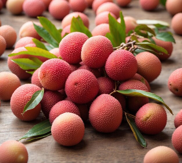 Close-up beeld van een bos litchi vruchten op een houten tafel