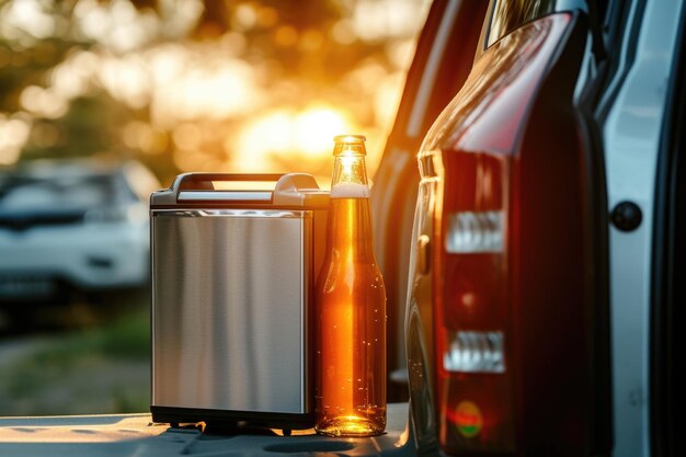 Close-up beeld van een draagbare koelkast met bier in de auto