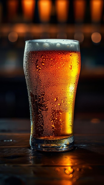 Close-up beeld van een enkel glas amber bier op een houten tafel met een wazige achtergrond.