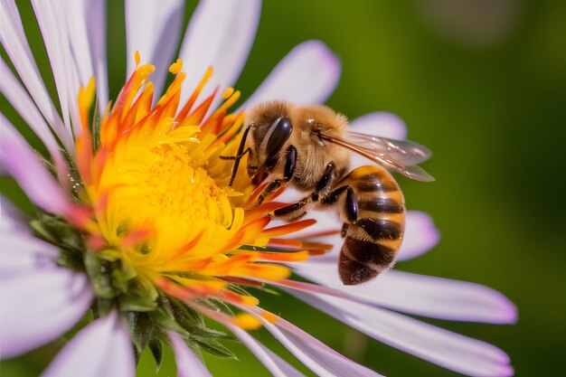 Close-up beeld van een honingbij die ijverig nectar oogst van een bloeiende bloem