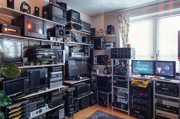 Foto close-up beeld van een kamer met verschillende elektronica op planken