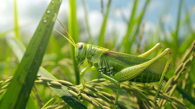 Foto close-up beeld van groene sprinkhanen op de vervaagde groene achtergrond