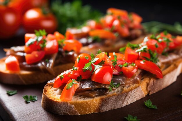 Close-up beeld van hele ansjovis op bruschetta