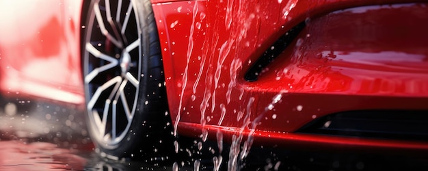 Close-up beeld van luxe sport auto wassen met zoetwater druppels panorama Generative Ai