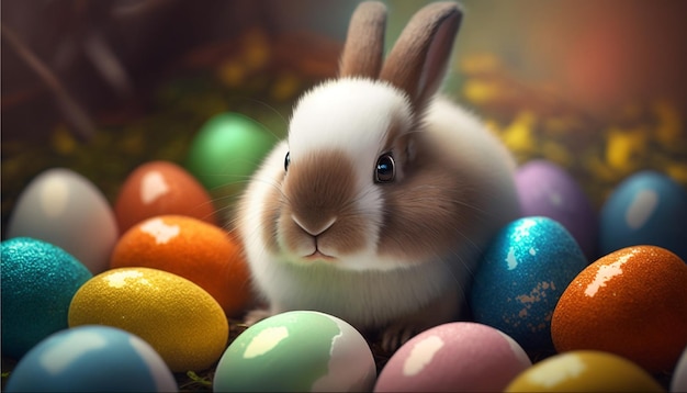 Close-up beeld van schattig konijntje in de tuin met eieren voor Pasen festiva