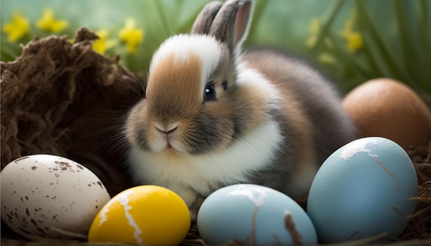 Close-up beeld van schattig konijntje in de tuin met eieren voor Pasen festiva