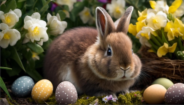 Close-up beeld van schattig konijntje in de tuin met eieren voor Pasen