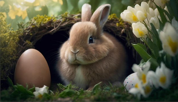 Close-up beeld van schattig konijntje in de tuin met eieren voor Pasen