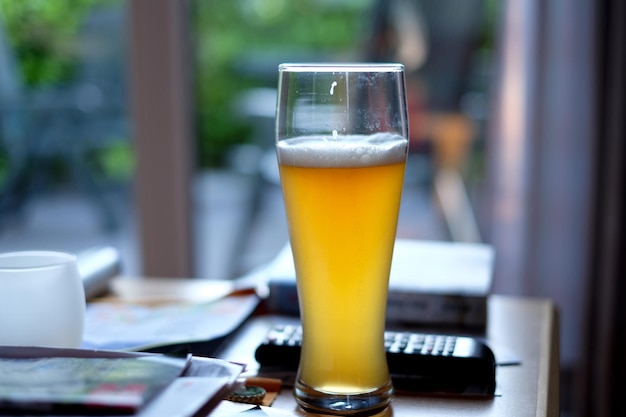 close-up of beer glass on table