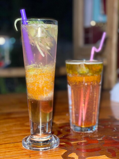 Close-up of beer in glass on table