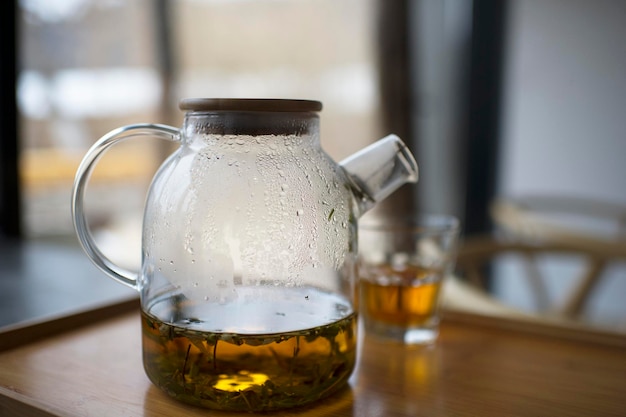 Close-up of beer glass on table