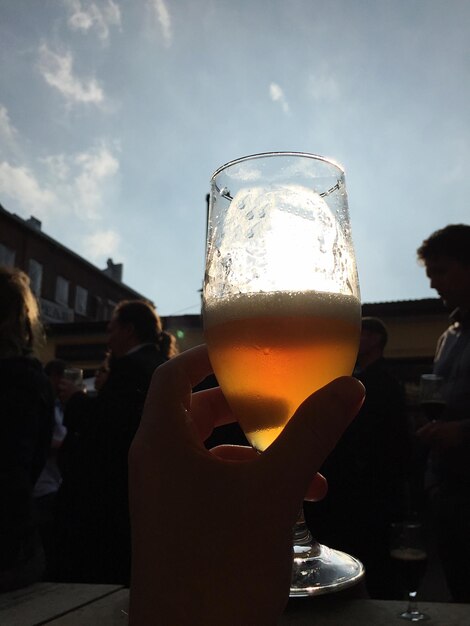 Close-up of beer glass on table