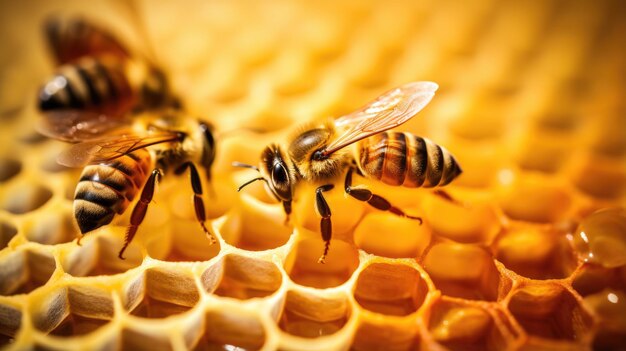 Close up of bees on honeycomb in apiary