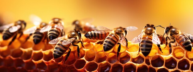 Close up of bees on honeycomb in apiary