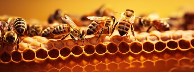 Close up of bees on honeycomb in apiary