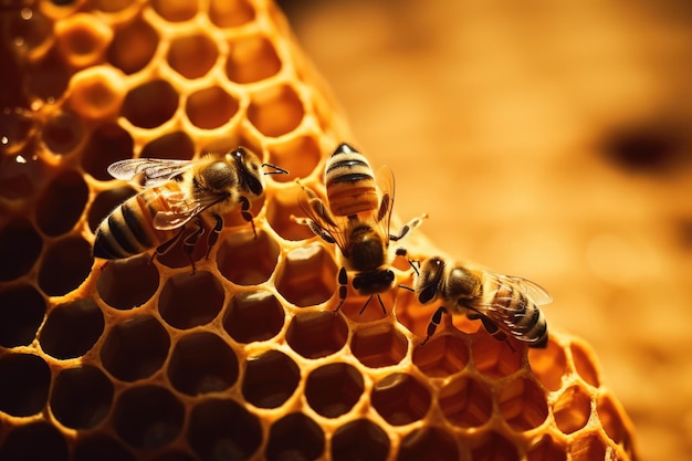 生成 AI テクノロジーを使用して作成されたぼやけた背景にハニカム上のミツバチの接写