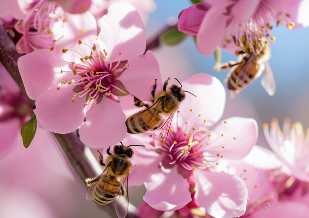 Foto close-up di api su fiori di ciliegio rosa morbido sfondo naturale macro primavera