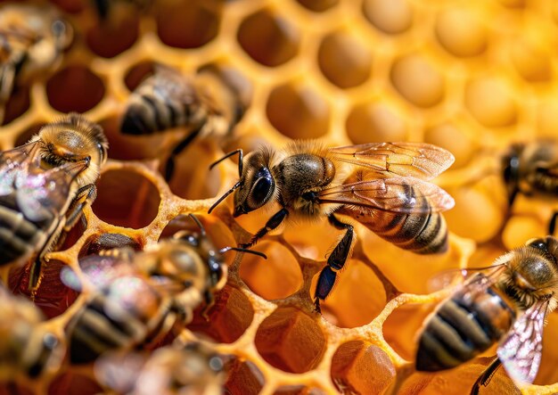 Близкий взгляд на пчел, работающих на пчелах
