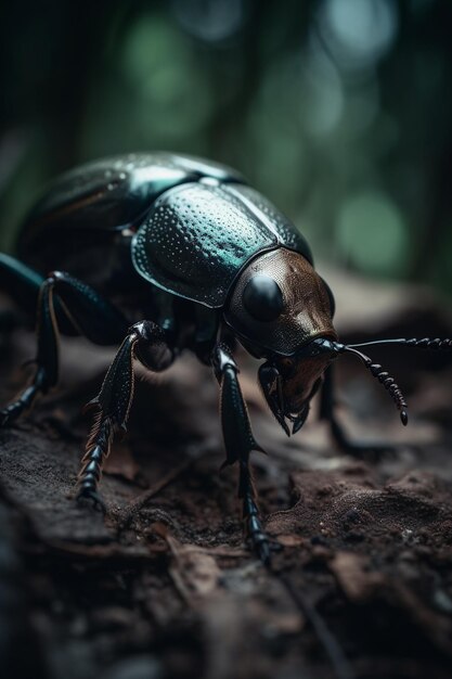 A close up of a beetle on the ground