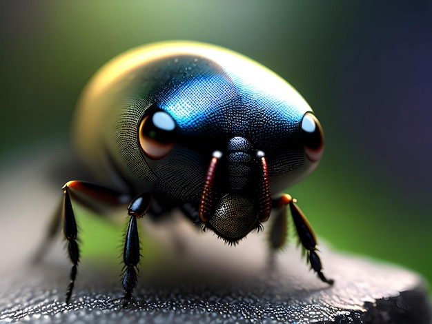A close up of a beetle with a green background