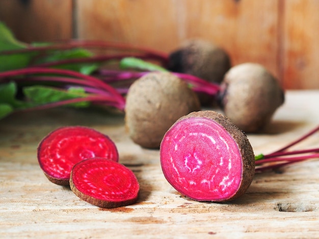 Close-up of beetroot cut in half on table