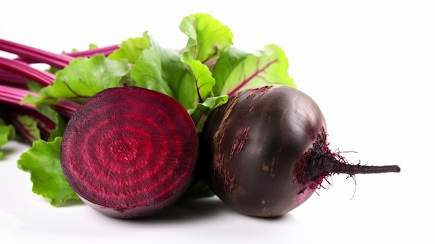 A close up of beets and greens on a white background