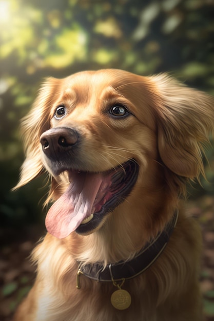 Close up of beige dog sticking tongue out in forest created using generative ai technology