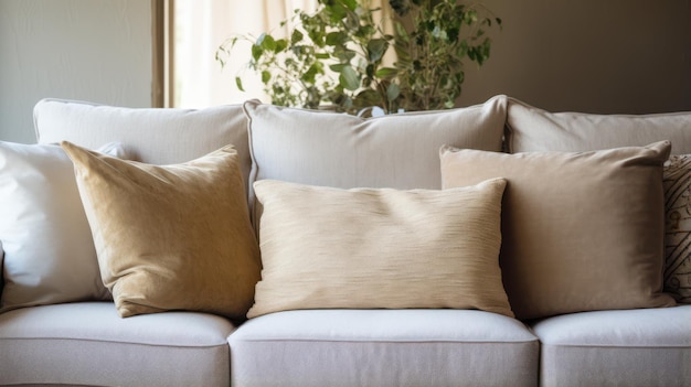 Photo close up of beige pillows on white sofa in living room generative ai