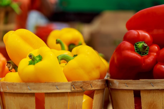 Photo close-up of bell peppers in containers for sale at market