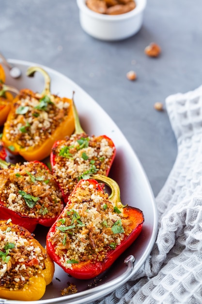 Close-up of bell peppers stuffed with quinoa.