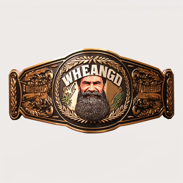 Photo a close up of a belt with a picture of a bearded man generative ai