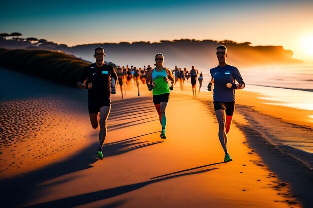 Close-up benen runner groep draait op zonsopgang aan zee