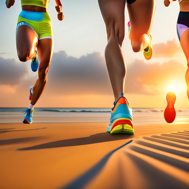 Foto close-up benen runner groep draait op zonsopgang aan zee