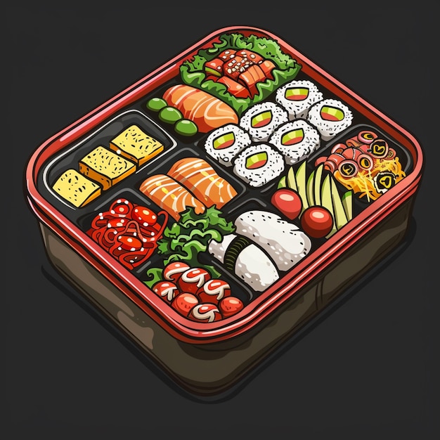 a close up of a bento box with sushi and vegetables generative ai