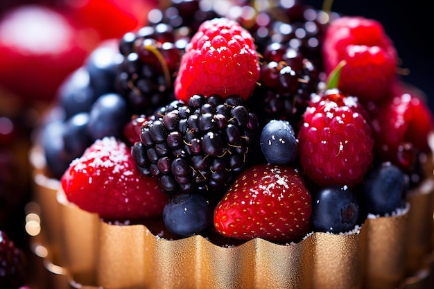 Close up of a berry tart with a golden crust and fresh berries on top